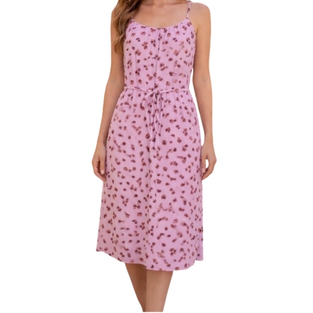 dip Pink Floral Lined Midi Dress with Spaghetti Straps. Size M. Tie waist.